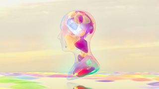 A CGI bust of a head formed from multi-colored pieces of glass, representing AI and AIQ. Decorative: the bust is hovering above a landscape of glass bumps of varying color, on a vast off-yellow plain beneath yellow clouds.