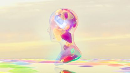 A CGI bust of a head formed from multi-colored pieces of glass, representing AI and AIQ. Decorative: the bust is hovering above a landscape of glass bumps of varying color, on a vast off-yellow plain beneath yellow clouds.