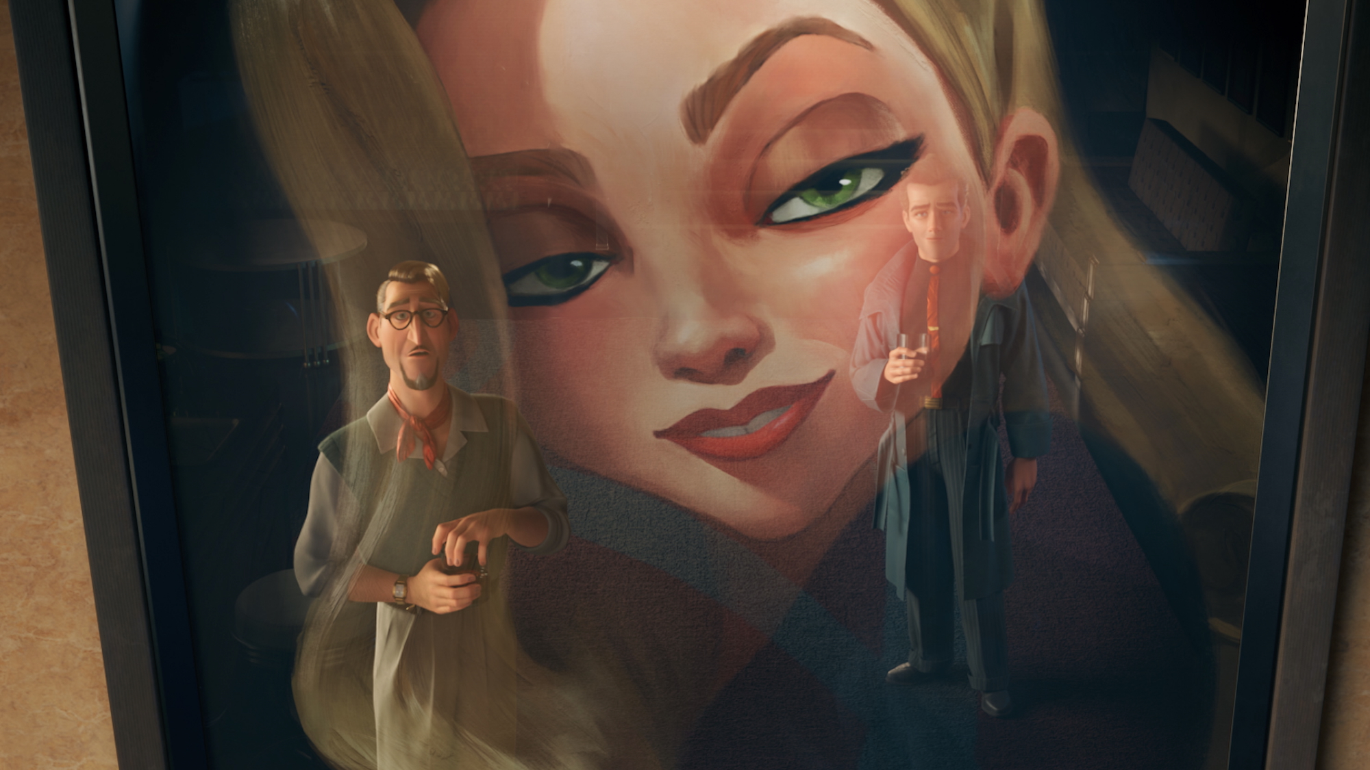 Giant portrait of Venus Nova with Raymond Gunn reflected in the glass in Ray Gunn