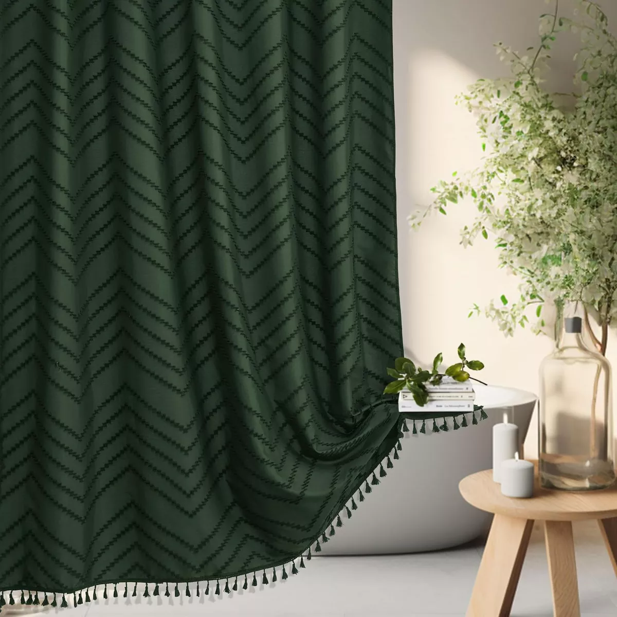 Boho Tassel Dark Green Shower Curtain 72x72, Modern Farmhouse Textured Bathroom Curtain