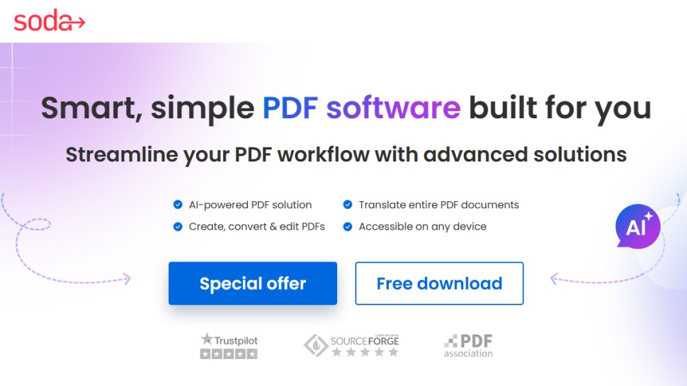 Website screenshot of Soda PDF (July, 2025)