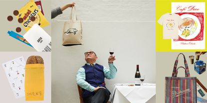 A five-part image, with a larger square at the center and four smaller one all around it, is filled with restaurant merchandise images, including a photograph of a man drinking wine while staring at a beige tote bag with a black pig drawn on it, snacks-themed accessories, a yellow bread bag, a poster, a T-shirt, and a tote bag, tea tin, and an incense set.
