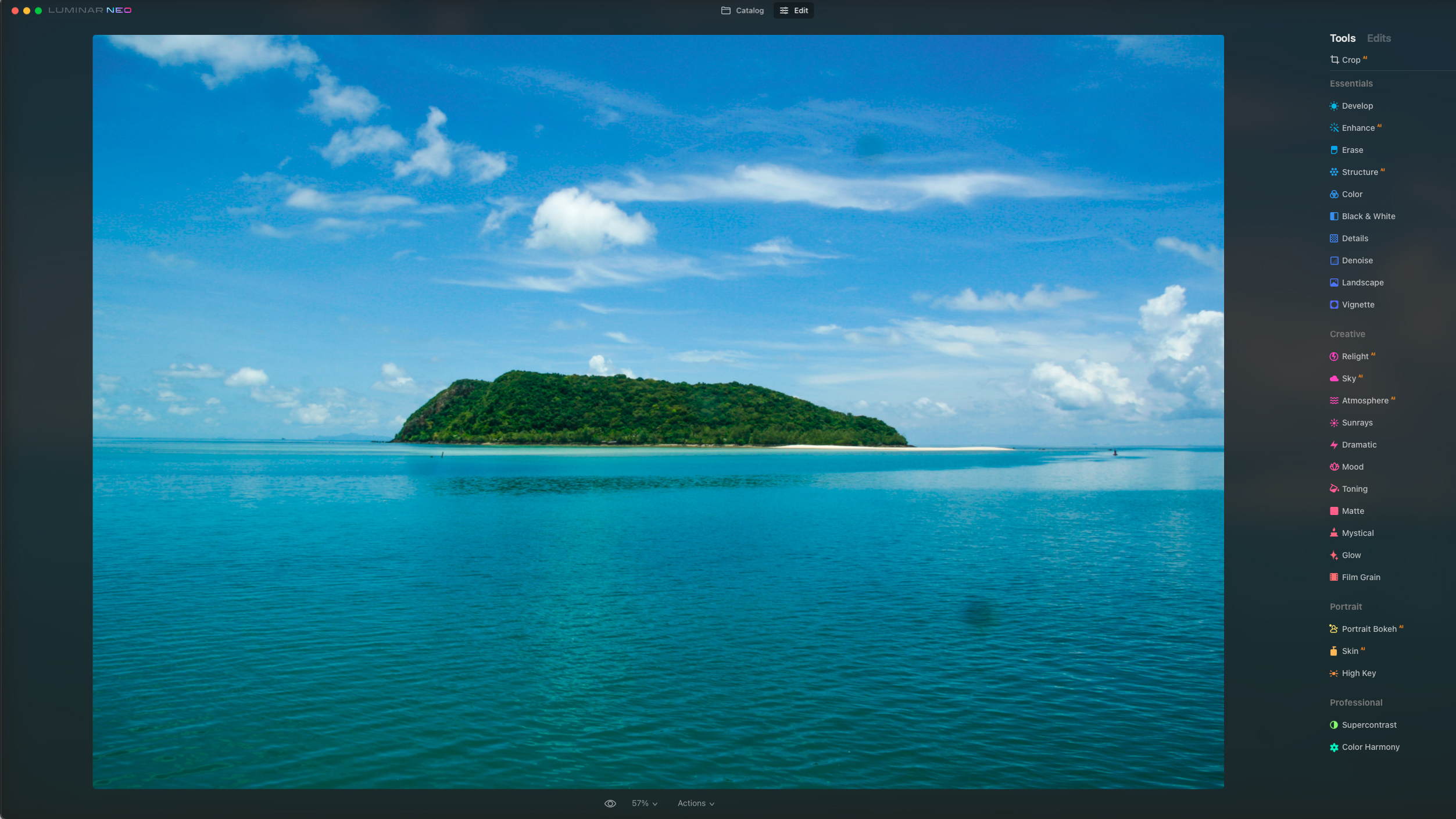 A photo of an island in the Luminar Neo photo editing software