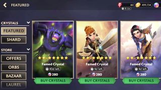 A look at the store, showing crystals available for purchase to get better chances at certain guardians.