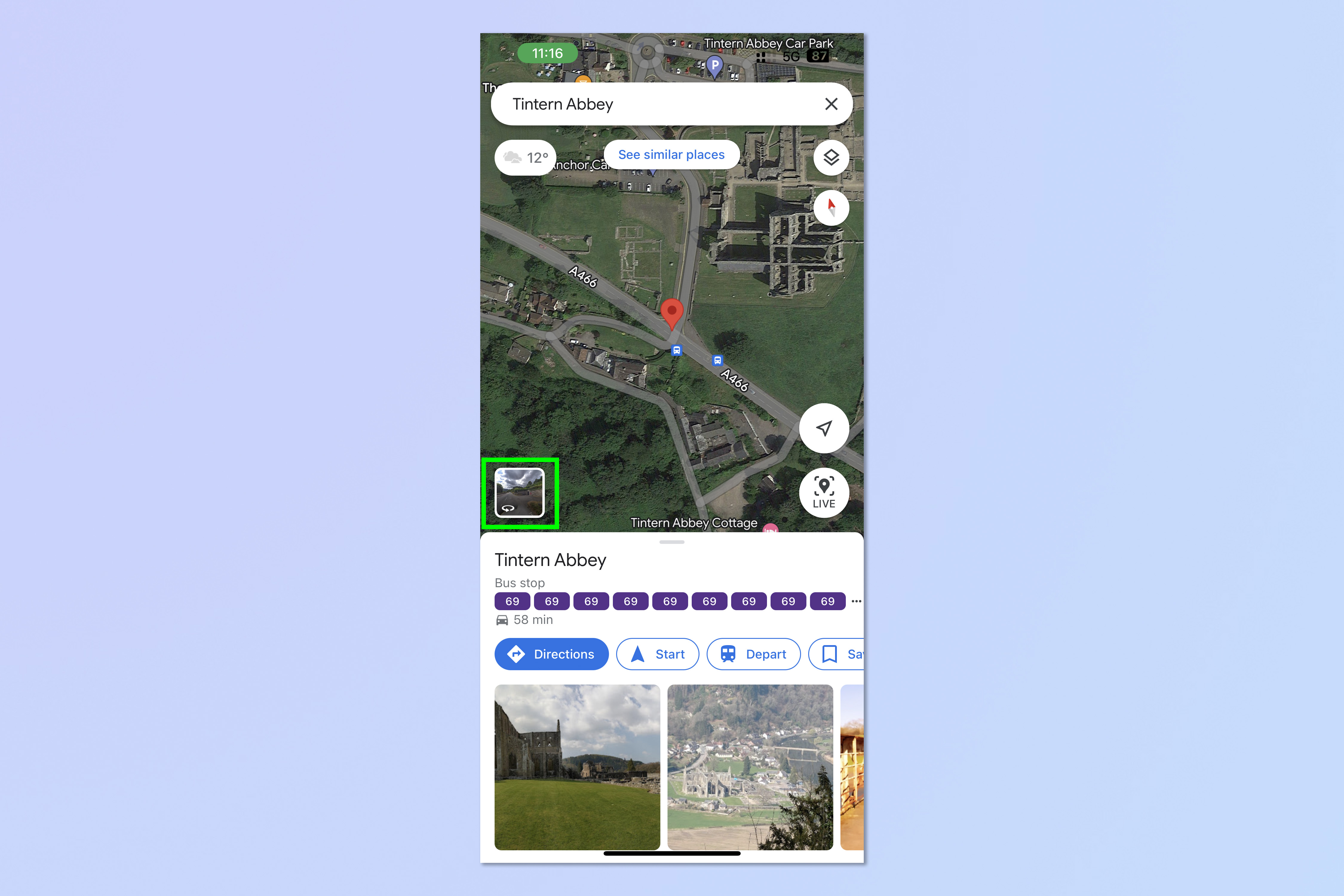 Снимок экрана, показывающий, как использовать Просмотр улиц Google Maps на iOS/iPadOS.