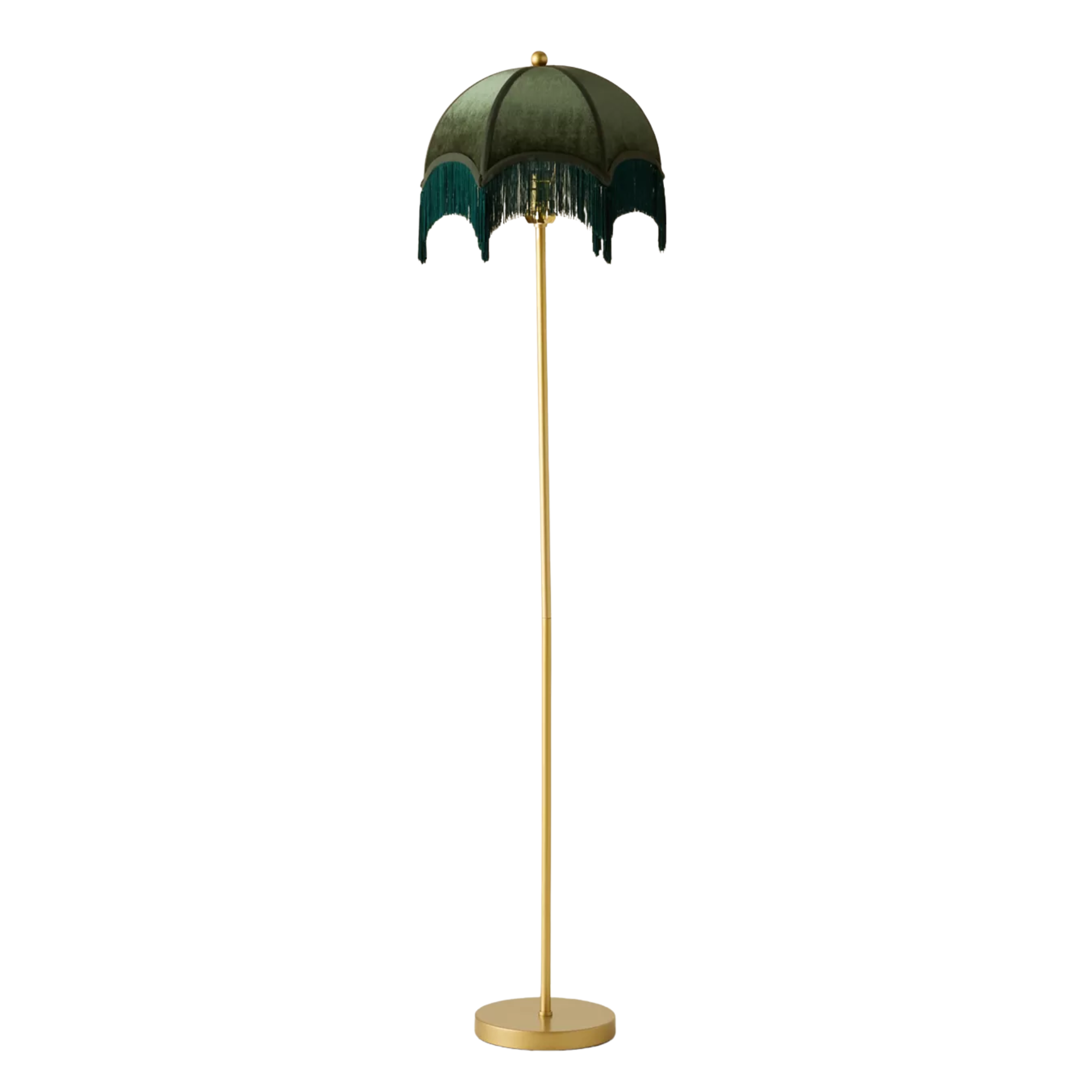 a floor lamp with a green fringe shade
