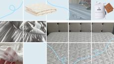 Images of us testing the best mattress toppers on the market, including the M&S Cool and Comfortable Mattress Protector & Simba Mattress Protector 