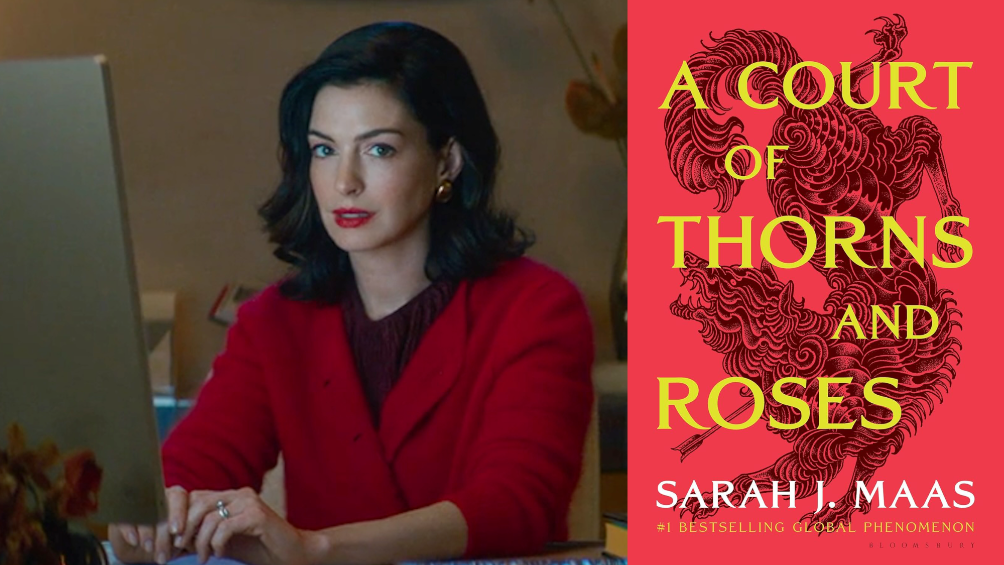 Side by side Anne Hathaway in Verity, book cover for A Court of Thorns and Roses