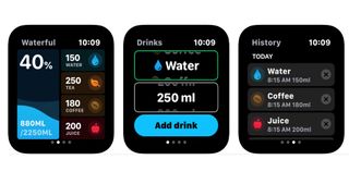 Skjermbilder av appen Waterful på Apple Watch.