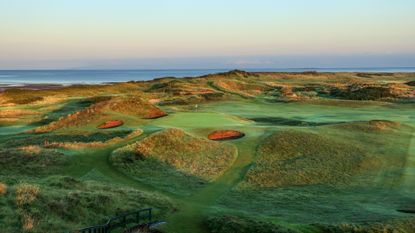 A general view of the par 3, eighth hole Postage Stamp at Royal Troon on August 17, 2023 in Troon, Scotland.
