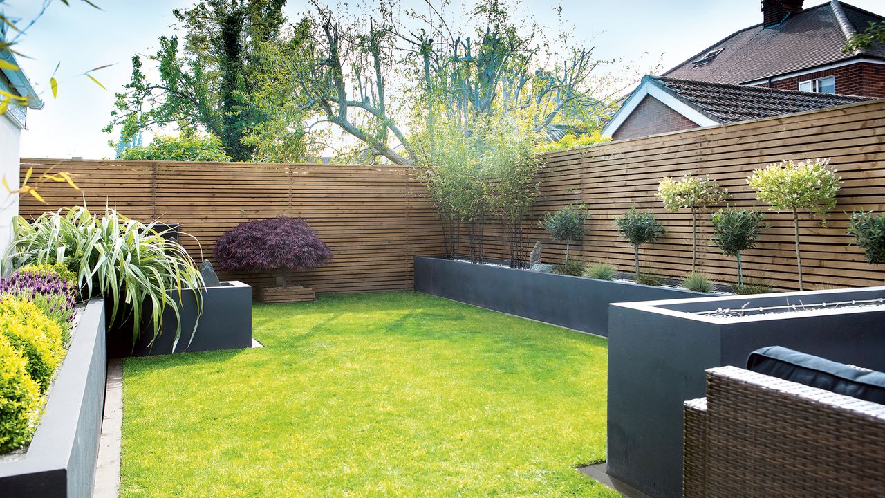 Garden with fence, raised flower beds and wooden fence