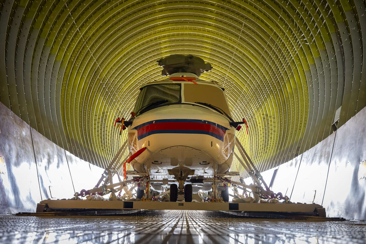 Airbus BelugaST aircraft seen from the front, showing its distinctive whale-shaped fuselage