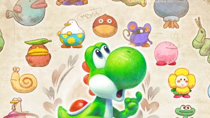 A crop of the Yoshi and the Mysterious Book cover art showing the green mascot looking curiously at sketchy, encyclopaedia-style drawings of numerous creatures