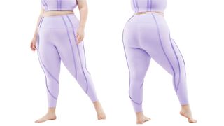 a side-by-side of a woman wearing the Fabletics High-Waisted Ultraluxe Contour ⅞ Leggings, one of w&h's best plus-size leggings picks, at two different angles