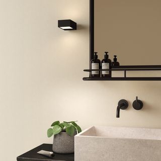 Black wall light beside mirror in bathroom with sink below and wall mounted faucet