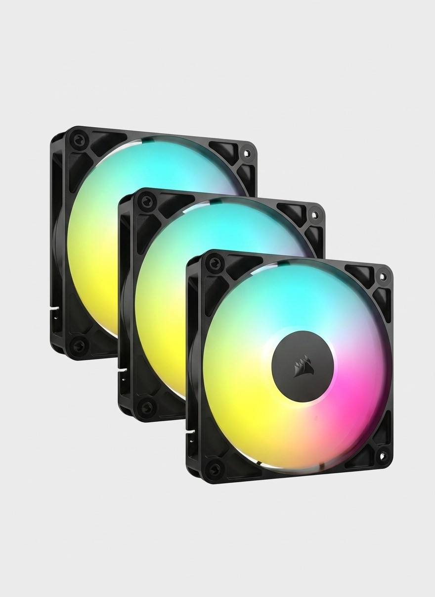 A three pack of Corsair RS120 ARGB fans on a grey background