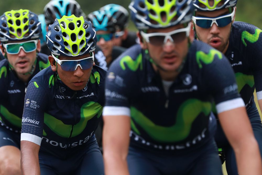 Nairo Quintana rides with his Movistar teammates during the 237.5 km fouth stage of the Tour de France