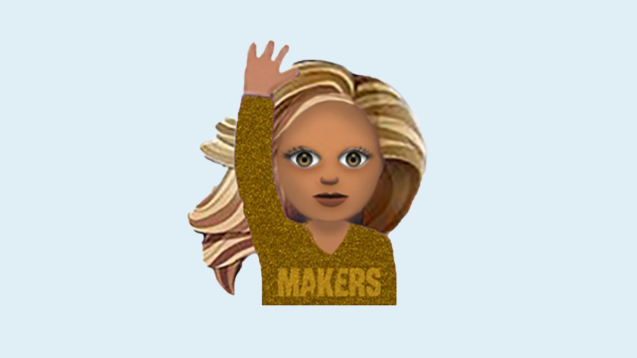 Femoji of woman raising her hand.