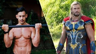 a photo of a man with a barbell and Chris Hemsworth as Thor