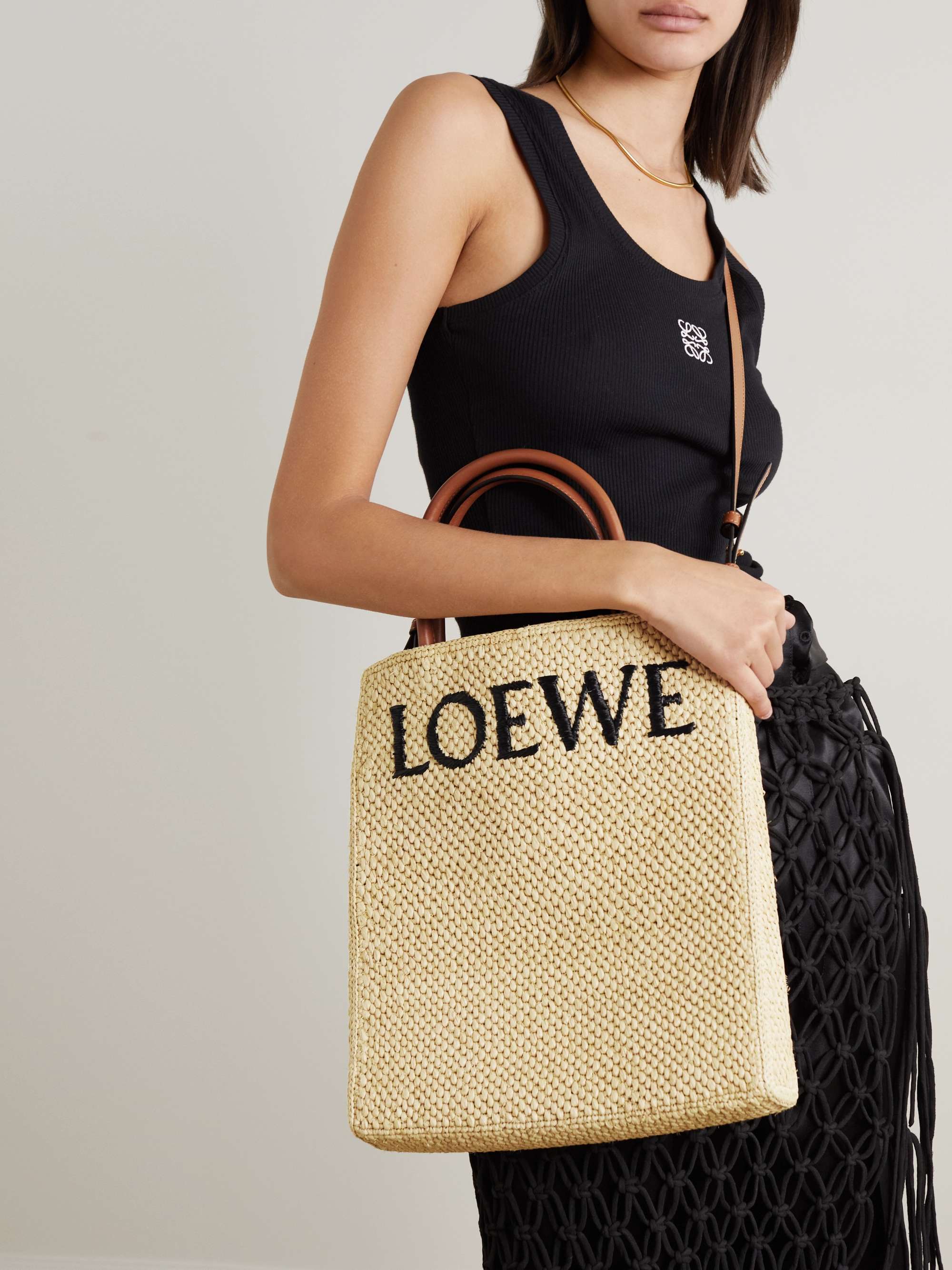 Leather-Trimmed Embroidered Raffia Tote