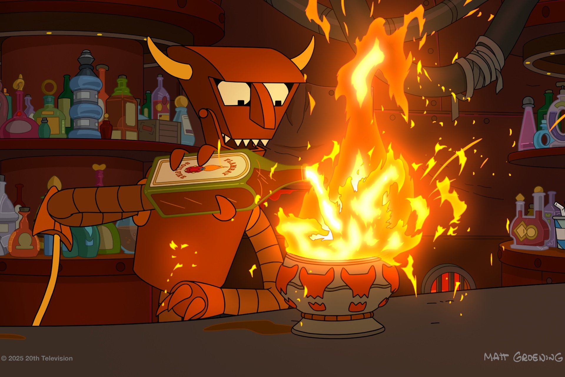 A cartoon Devil Robot mixes a flaming cocktail
