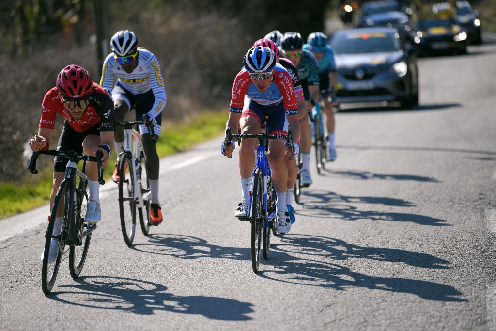 FAYENCE FRANCE FEBRUARY 20 Andrea Mifsud of France and Team Swiss Racing Academy Hailu Biniam Girmay of Eritrea and Team Delko Victor De La Parte Gonzalez of Spain and Team Total Direct Energie during the 53rd Tour Des Alpes Maritimes Et Du Var Stage 2 a 1689km stage from Fayence to Fayence 357m Breakaway letour0683 on February 20 2021 in Fayence France Photo by Luc ClaessenGetty Images