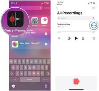 Share a voice memo on iPhone by showing: Launch Voice Memos, select recording, tap More button
