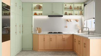 A great example of colorful small kitchen ideas with this pastel green and orange kitchen cabinetry with white counters and backsplash