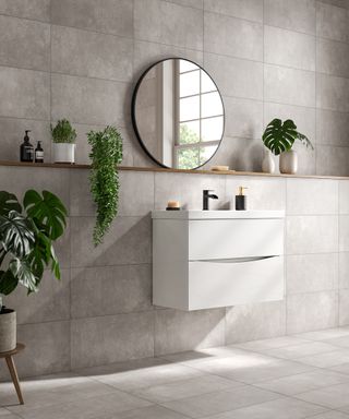 grey concrete effect tiles in modern bathroom idea