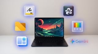 A black Windows laptop sitting on a white desk with six glowing app icons floating around it, including Microsoft Whiteboard, Edge Drop, PowerToys, Google Gemini, WidBar, and Files.