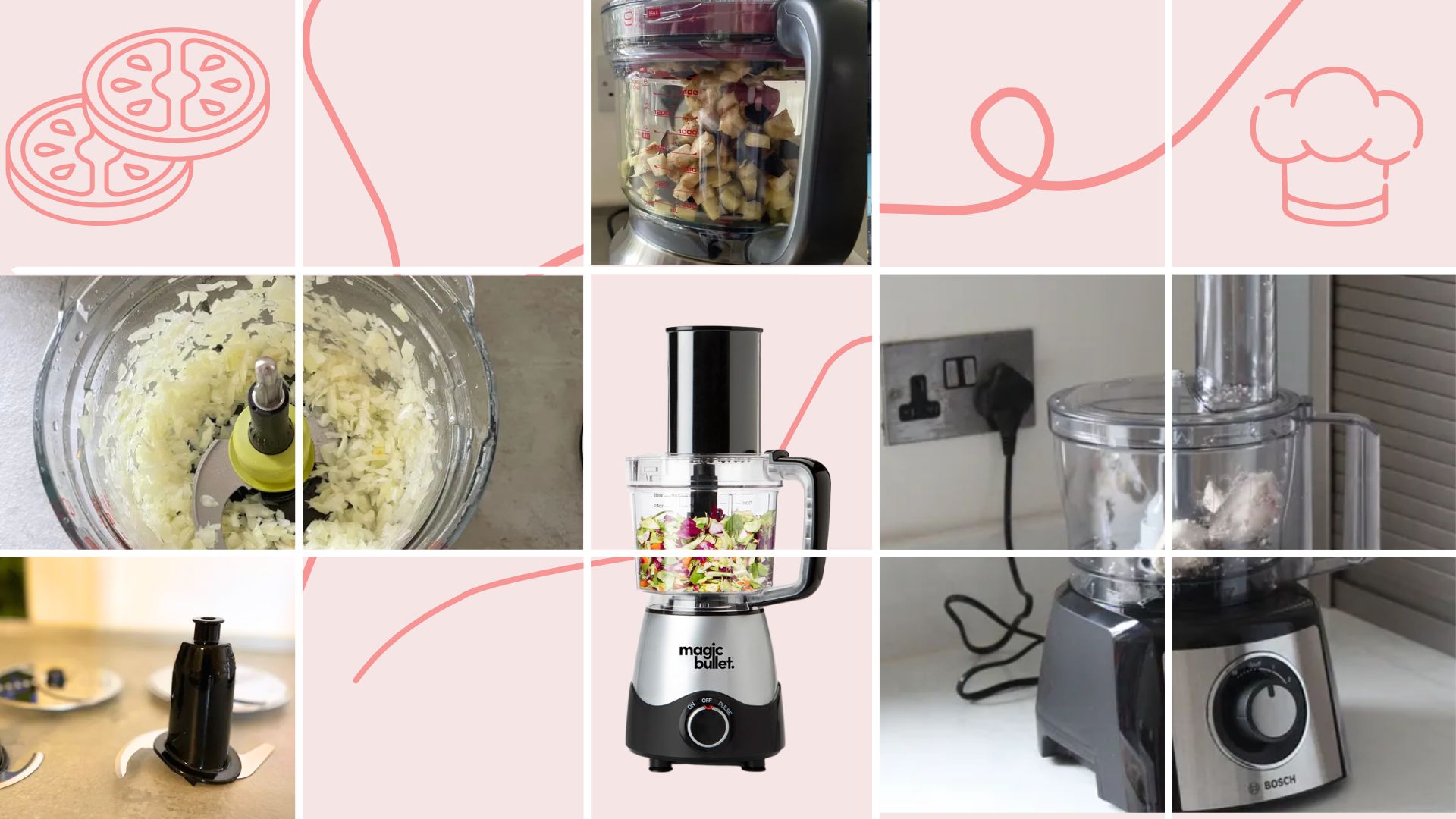 Images of the best food processor, chopped onion, chopped aubergine, food processor accessories, the magimix food processor and illustrations of a chef's hat and tomatoes chopped