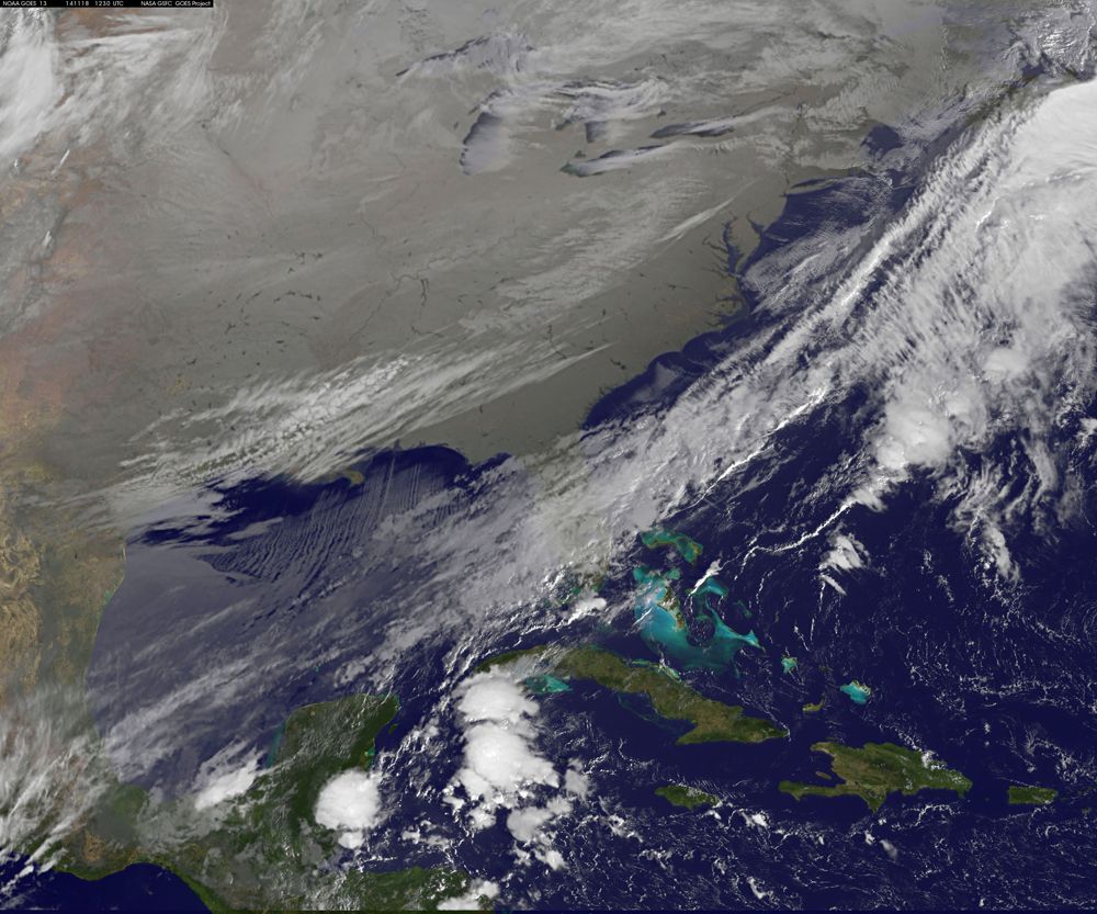 In this image, captured in infrared light by the National Oceanic and Atmospheric Agency&#039;s GOES-East satellite on Nov. 18, 2014, the cold air over the central and eastern U.S. looks like a gray-white blanket.