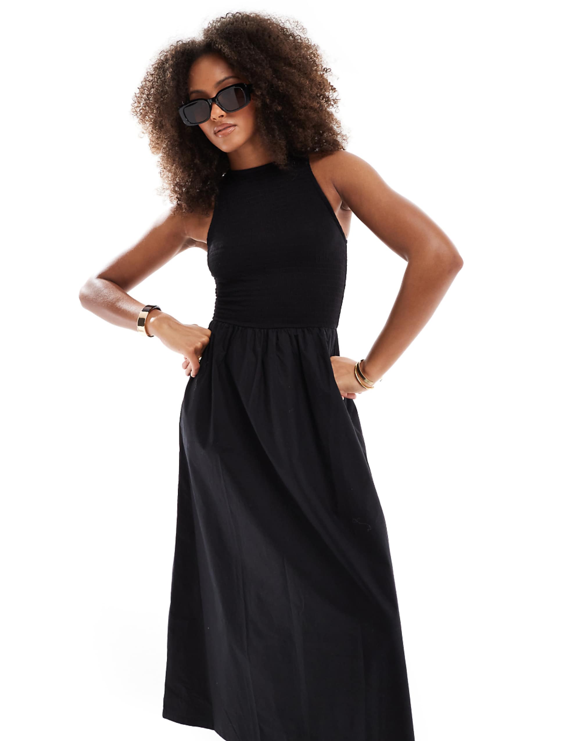 Asos Design Racer Crinkle Bodice Poplin Skirt Midi Dress in Black