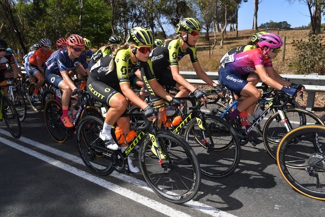 Mitchelton-Scott's Georgia Williams and Lucy Kennedy in the bunch during stage 3 of the Women's Tour Down Under