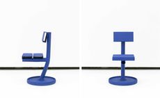 Two images showing side and front view of a blue steel chair by Philippe Malouin