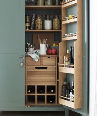 Under stairs pantry with internal shelving and drawers and door racks