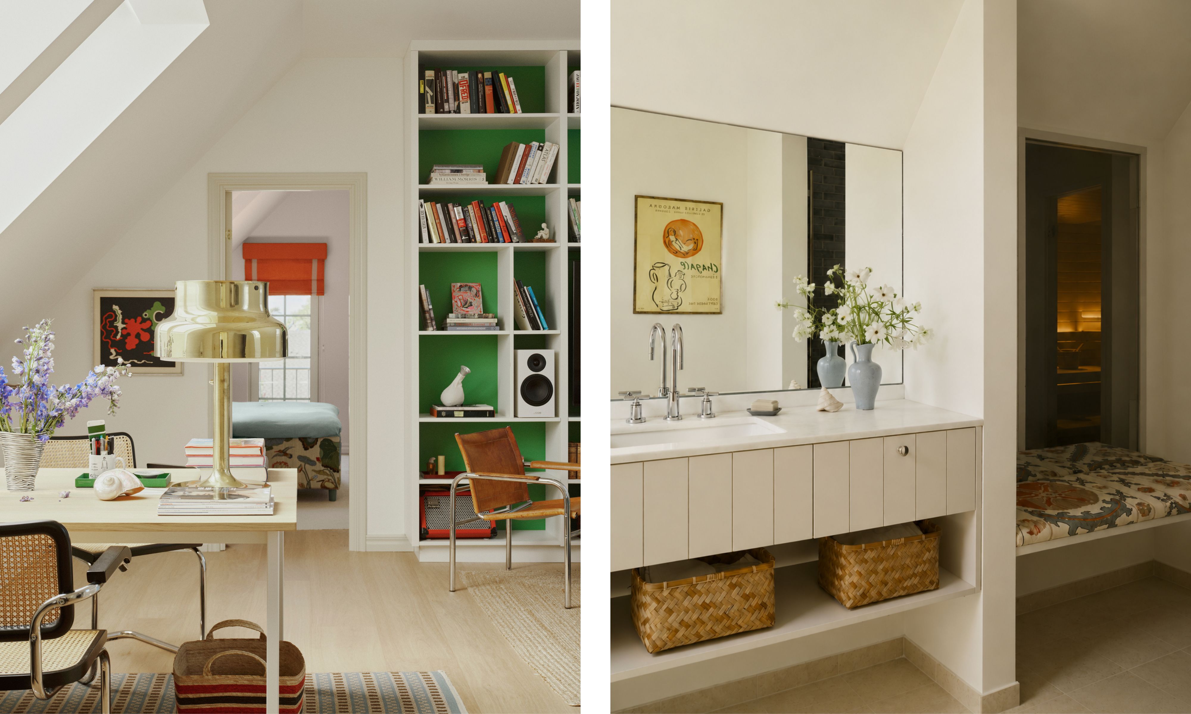 two side by side images of a home library with green bookcases and a soft neutral pink bathroom