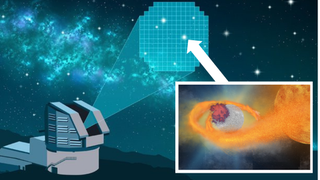 (Main) An illustration shows the Vera C. Rubin observatory hunting for Type Ia supernovas (Inset) an illustration of a feeding white dwarf reaching critical mass