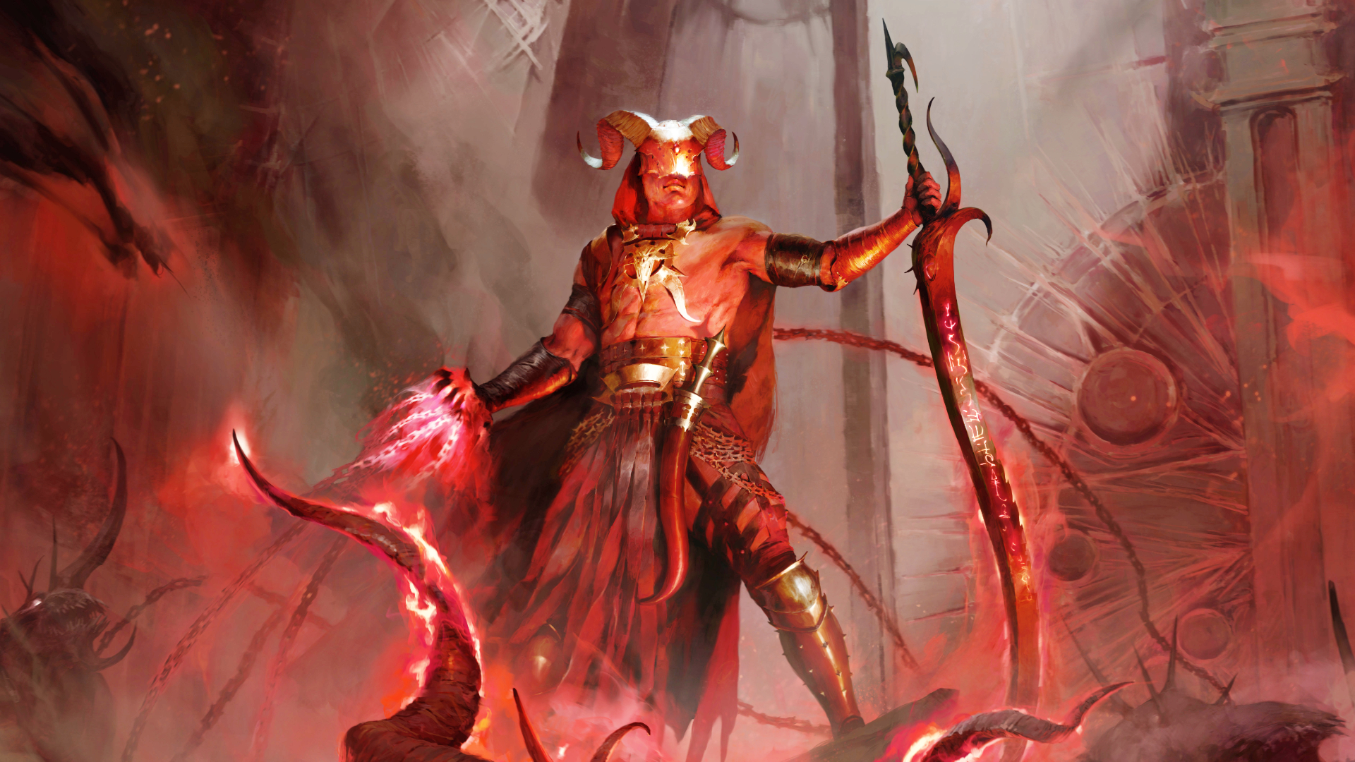 Key art of the warlock class in Diablo 4: Lord of Hatred. A shirtless man wearing demonic armor holds chains attached to a demon just below the frame.
