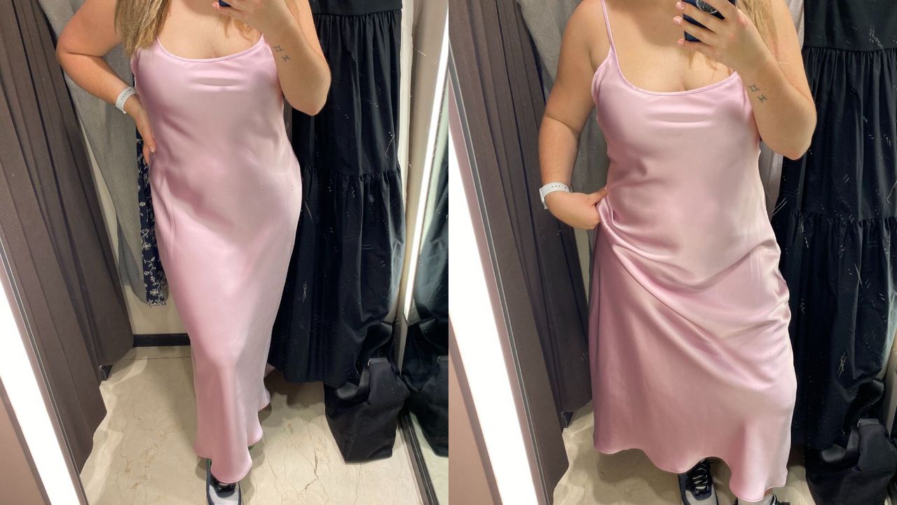 composite of our fashion writer wearing a pink zara satin midi dress