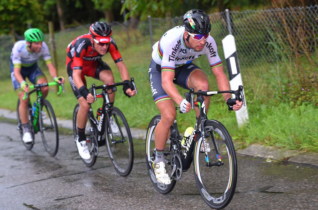 Peter Sagan having joined Albasini and Dillier drives the pace
