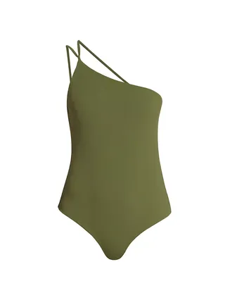 a one-piece one-shoulder swimsuit in olive green