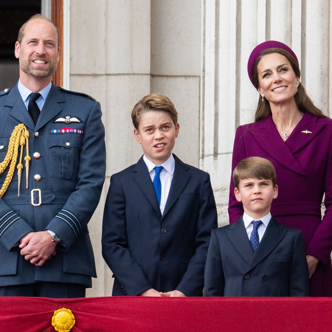 LONDON, ENGLAND - MAY 05: Prince William, Prince of Wales, Prince George, Catherine, Princess of Wales, Prince Louis and Princess Charlotte watch the flypast to mark the 80th anniversary of VE Day on May 05, 2025 in London, England. The King and Queen, joined by Members of the Royal Family, will take part in events from May 5th to May 8th to commemorate the 80th anniversary of VE Day, which signalled the end of the Second World War in Europe. (Photo by Samir Hussein/WireImage)