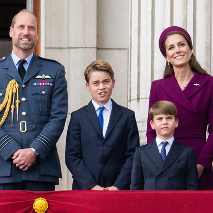 LONDON, ENGLAND - MAY 05: Prince William, Prince of Wales, Prince George, Catherine, Princess of Wales, Prince Louis and Princess Charlotte watch the flypast to mark the 80th anniversary of VE Day on May 05, 2025 in London, England. The King and Queen, joined by Members of the Royal Family, will take part in events from May 5th to May 8th to commemorate the 80th anniversary of VE Day, which signalled the end of the Second World War in Europe. (Photo by Samir Hussein/WireImage)