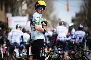 BANYOLES SPAIN MARCH 25 Matthew Brennan of United Kingdom and Team Visma Lease A Bike Green Leader Jersey prior to the 104th Volta Ciclista a Catalunya 2025 Stage 2 a 1773km stage from Banyoles to Figueres UCIWT on March 25 2025 in Banyoles Spain Photo by Szymon GruchalskiGetty Images