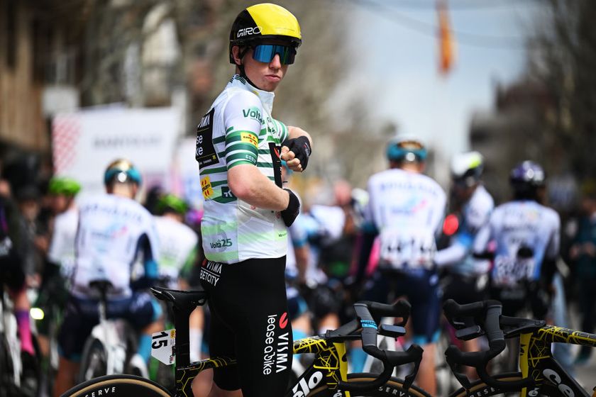 BANYOLES SPAIN MARCH 25 Matthew Brennan of United Kingdom and Team Visma Lease A Bike Green Leader Jersey prior to the 104th Volta Ciclista a Catalunya 2025 Stage 2 a 1773km stage from Banyoles to Figueres UCIWT on March 25 2025 in Banyoles Spain Photo by Szymon GruchalskiGetty Images