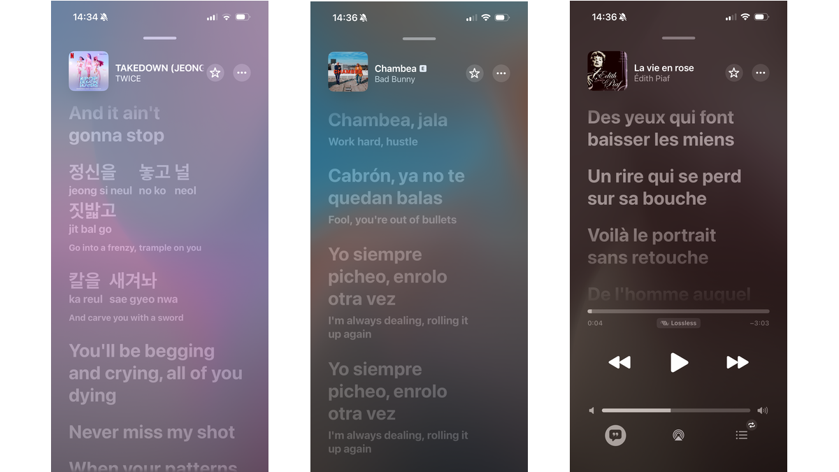 Three screenshots showing Apple Music interfaces in app