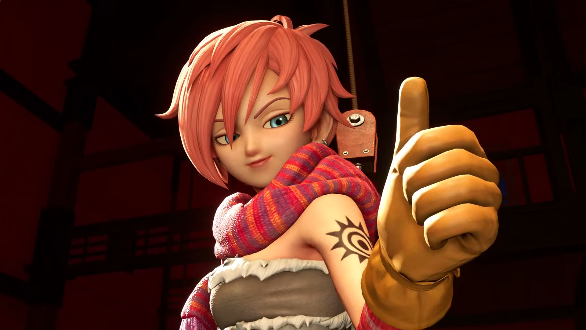 A pink haired woman giving a thumbs up in Dragon Quest 12