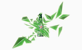 A green graphic design for a bottle with various elements and shapes surrounding the bottle.