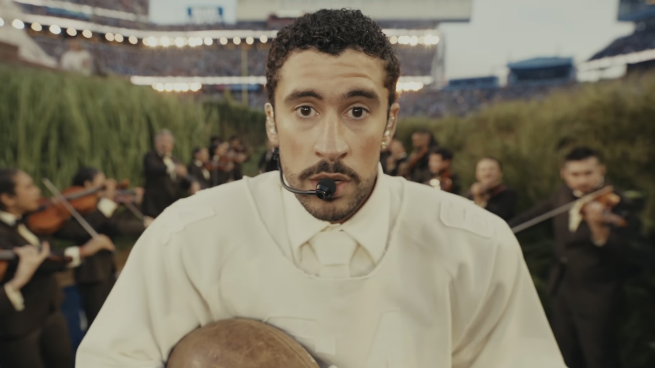 Bad Bunny looking into camera during Super Bowl LX halftime show